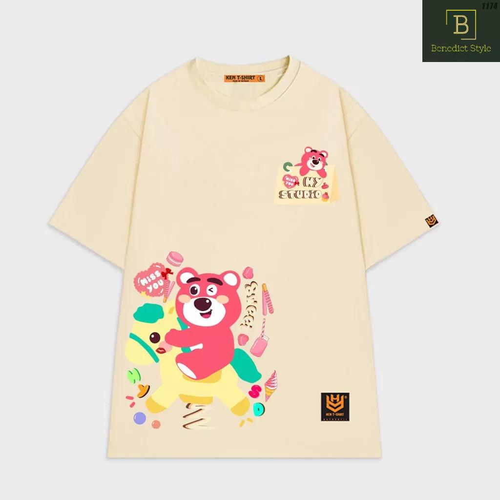 Áo thun tay lỡ unisex phom rộng in hình Gấu dâu cưỡi ngựa