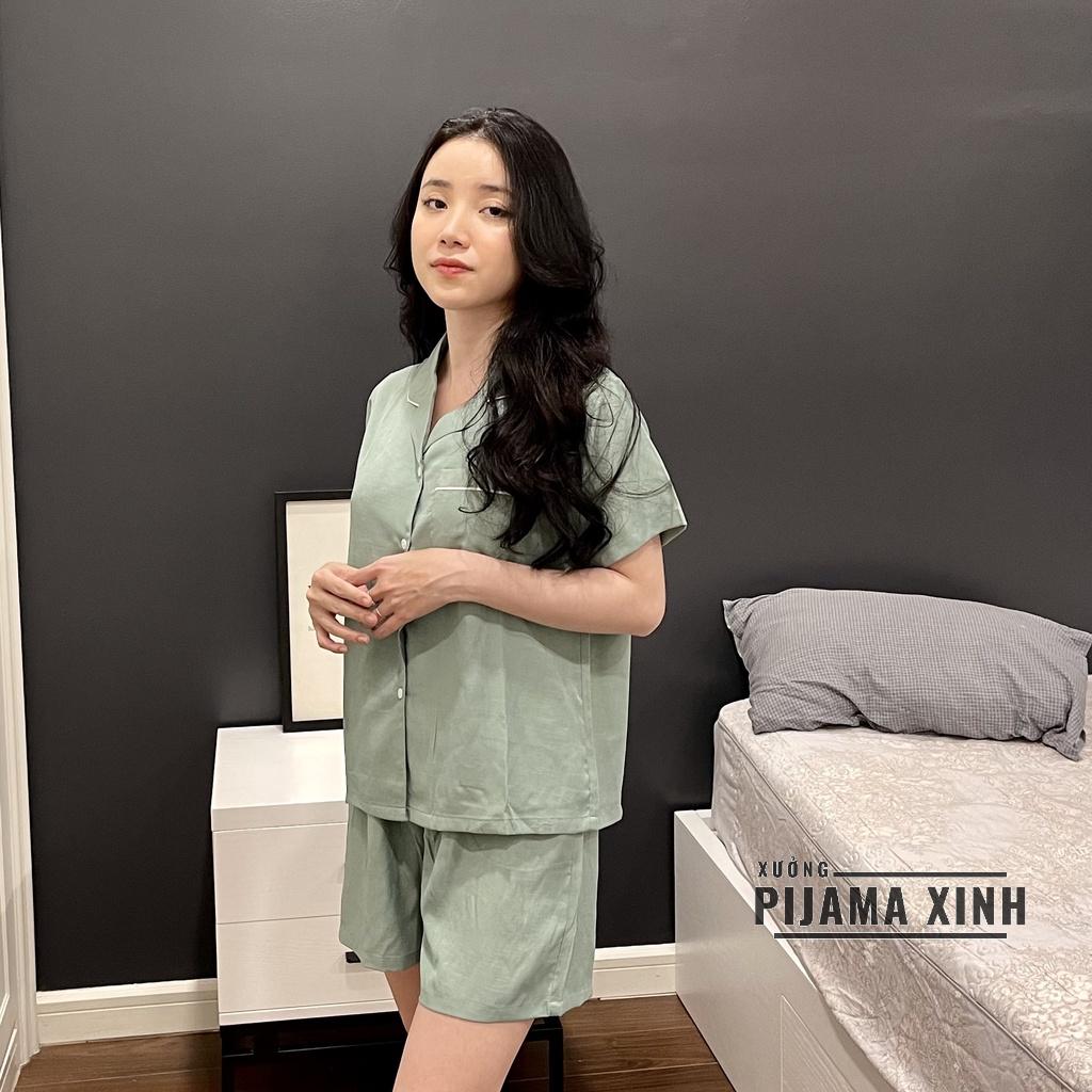 BỘ PIJAMA NỮ MẶC NHÀ - Màu Xanh Pastel Chất Lụa Đũi Mềm Đồ Áo Cộc quần Dài