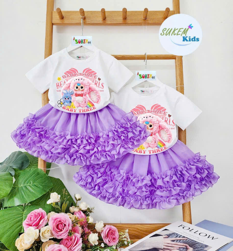 [MẪU MỚI] Đồ bộ áo thun phối váy voan tiểu thư cho bé gái hình baby three từ 20-40kg chất cotton mềm mịn mát