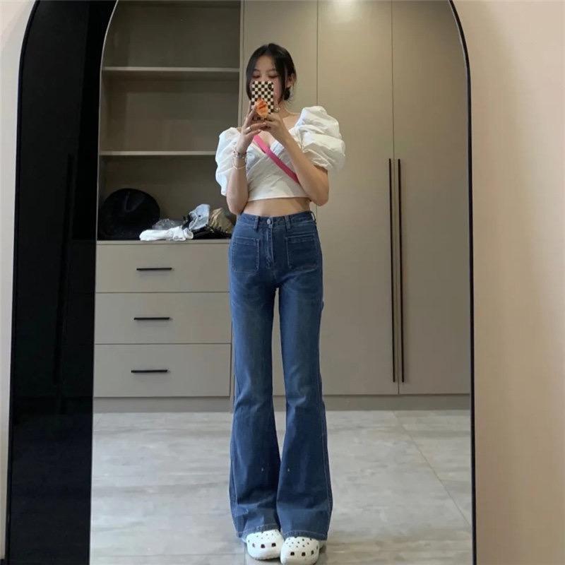 MS937 Quần jeans nữ cạp cao 2 túi trước ống loe hack dáng chân dài - Xanh