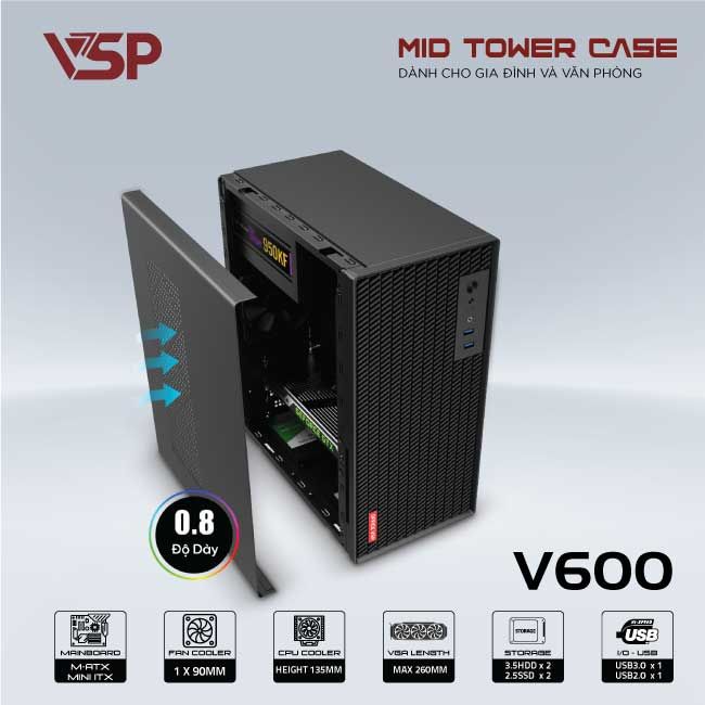 Vỏ máy tính Case VSP V600 [ĐEN] (Mid-Tower/ M-ATX/ Mini-ITX) - Hàng chính hãng VSP phân phối