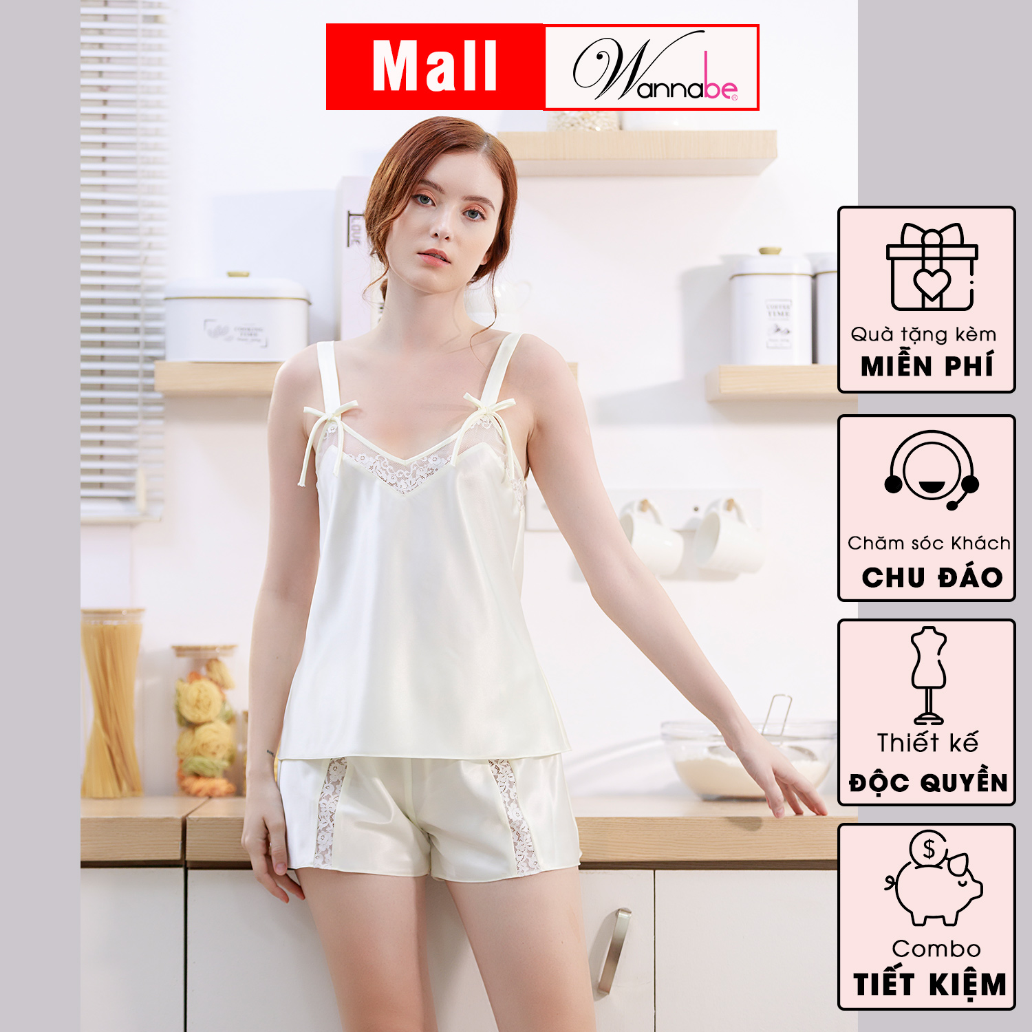 Đồ bộ mặc nhà phi lụa cao cấp WANNABE BSS54 bộ sọt 2 dây bản 2 cm thắt nơ điệu đà nữ tính nhẹ nhàng xinh xắn