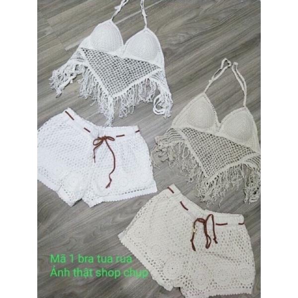Set ren đi biển áo bra tua rua tam giác + quần ren có dây buộc