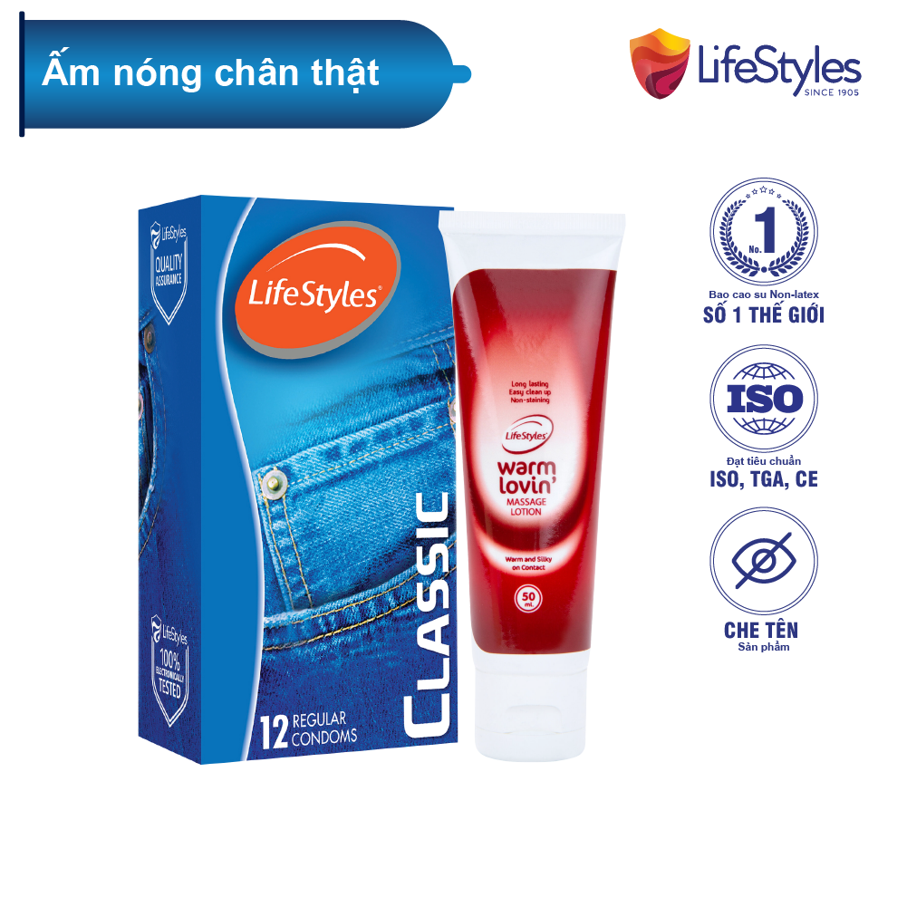 Combo Bao Cao Su LifeStyles Classic Ôm Sát Cao Cấp Hộp 12 bao + Gel Bôi Trơn LifeStyles Warm Lovin Tăng Cảm Giác Ấm Nóng