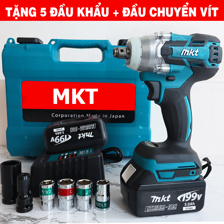 Siết bulong MKT 199V KHÔNG CHỔI THAN đầu 2 trong 1 tặng kèm 5 khẩu và đầu chuyển vít