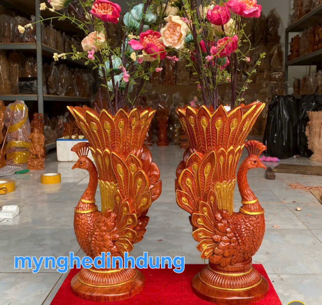 Cặp chim công cắm hoa phong thủy gỗ hương đá cao 30x12x14cm