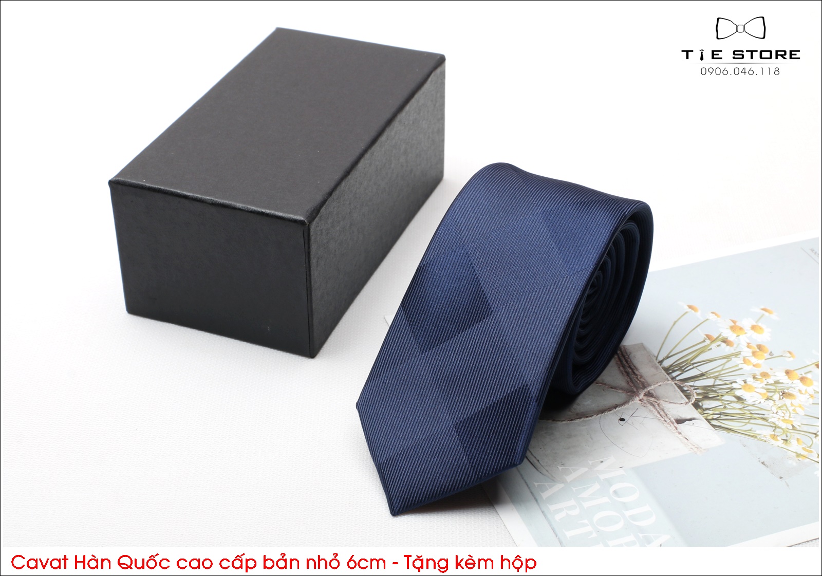 Cà Vạt Nam Bản nhỏ 6cm xanh đen kẻ vân chìm - Cavat Hàn Quốc Cao Cấp Full box