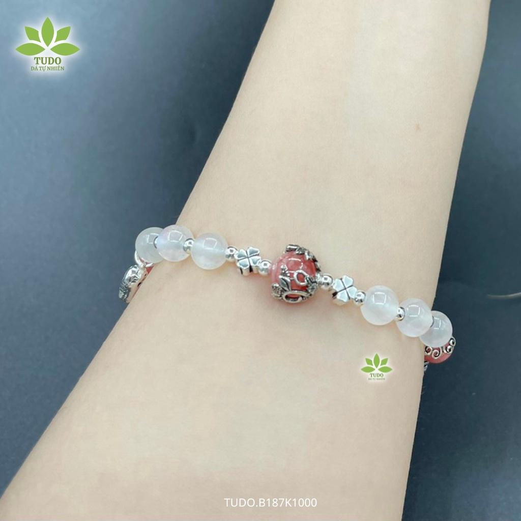 Vòng Tay Nữ Đẹp - Vòng Phong Thủy Mệnh Kim Thủy TUDO B187K1000 VCBDAOH VCBMOON hồng, trắng, Charm Bạc Cát Tường, Ốp Hoa