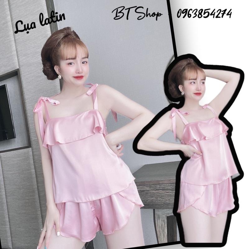 Đồ ngủ mặc nhà lụa latin trơn cột nơ quần đùi freesize 42-57kg