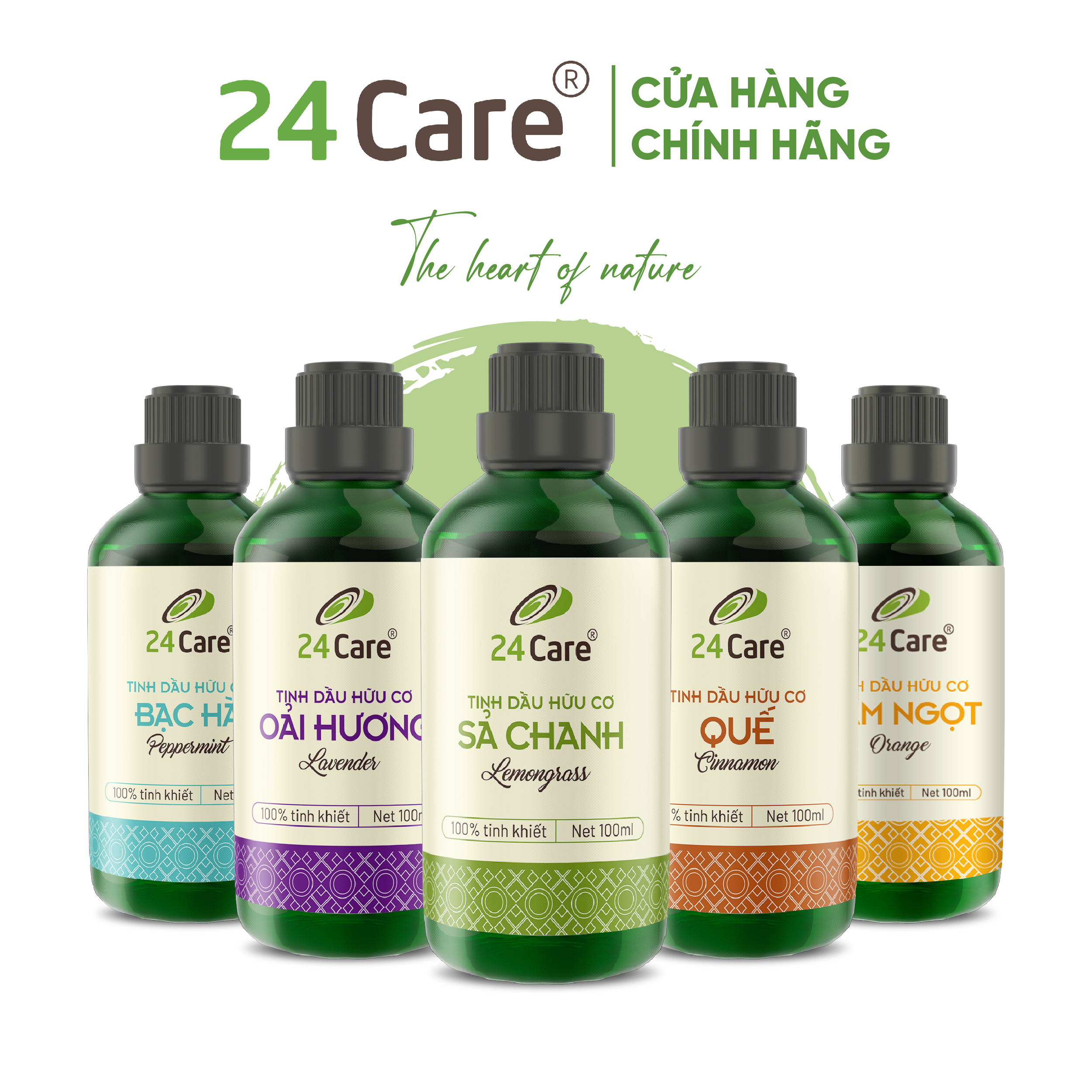 Tinh dầu nguyên chất Bạc Hà 24Care/ Sả chanh/ Quế/ Oải hương/ Bưởi/ Cam/ Hoa Lài/ Quýt/ Tràm Huế/ Hoa Hồng/ Lavender/ Ngọc Lan Tây/ Tràm Trà/ Sả Java/ Trà Xanh/ Gỗ Hồng/ Hoa Anh Đào