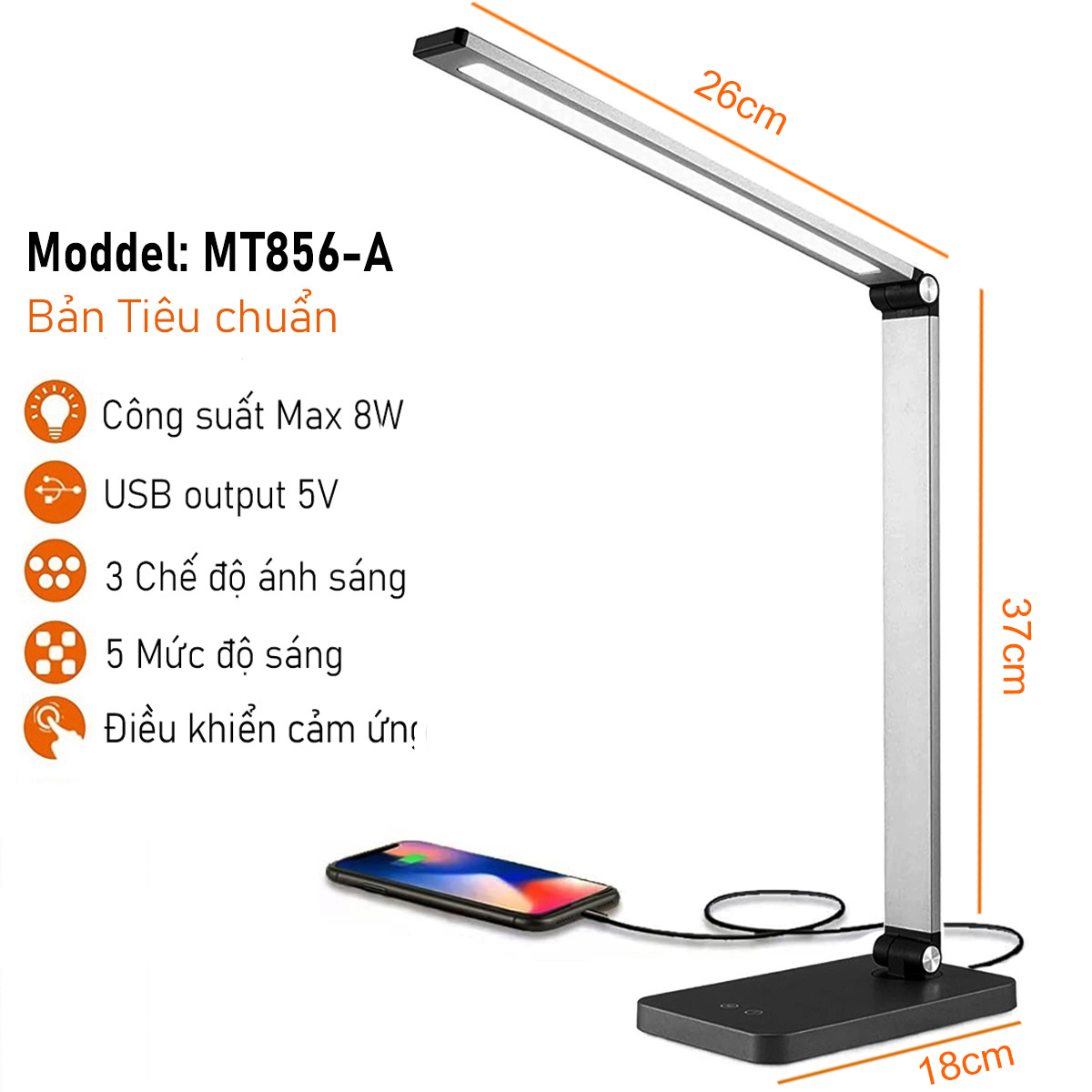 Đèn bàn học đọc sách cảm ứng LED 8W, 5 Chế độ sáng, Có cổng sạc USB 5V.1A