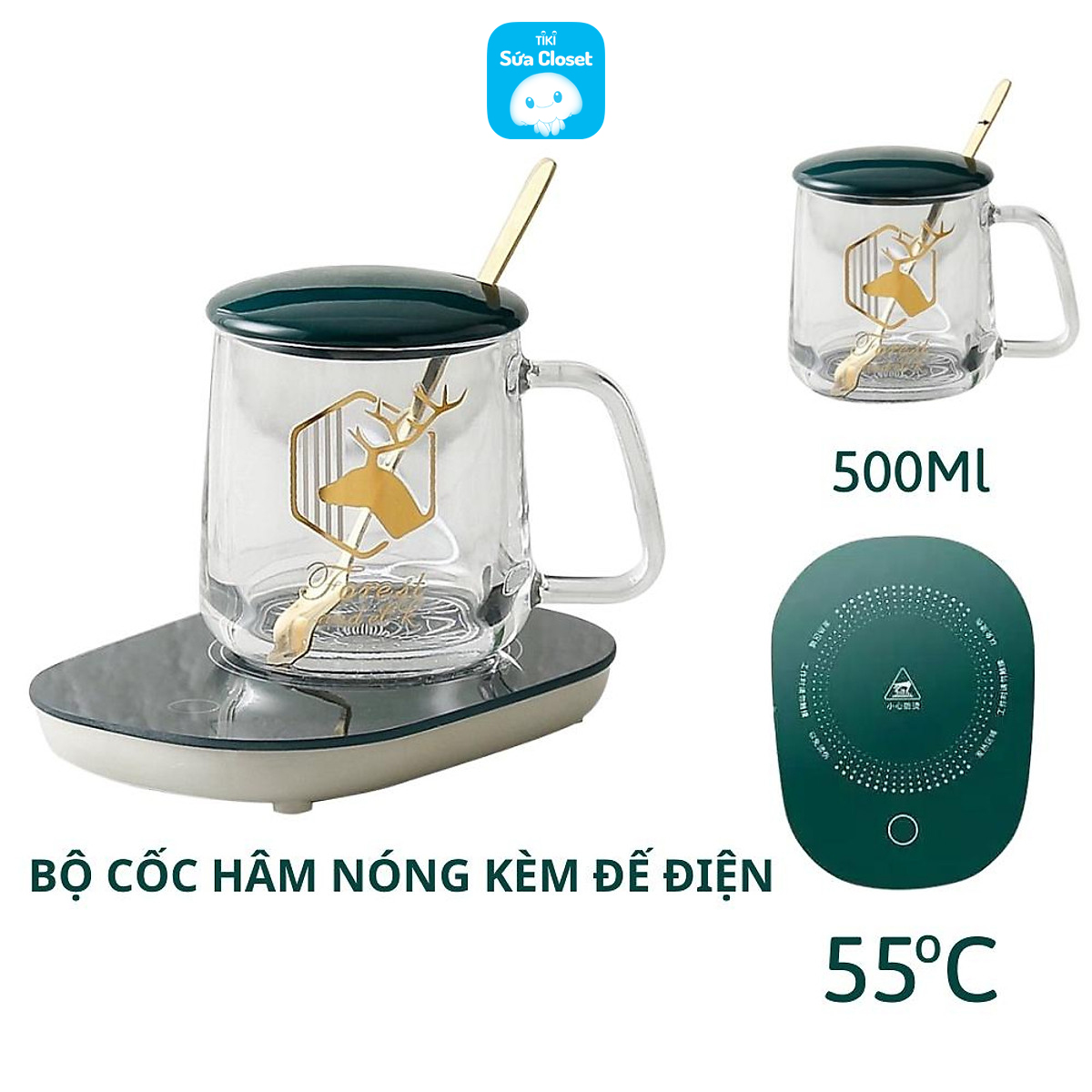 Bộ Cốc Hâm Nóng Giữ Nhiệt Ly Thủy Tinh Kèm Đế Điện Hâm Nóng Cafe , Sữa , Trà Đồ Uống - Tặng Muỗng Mạ Vàng