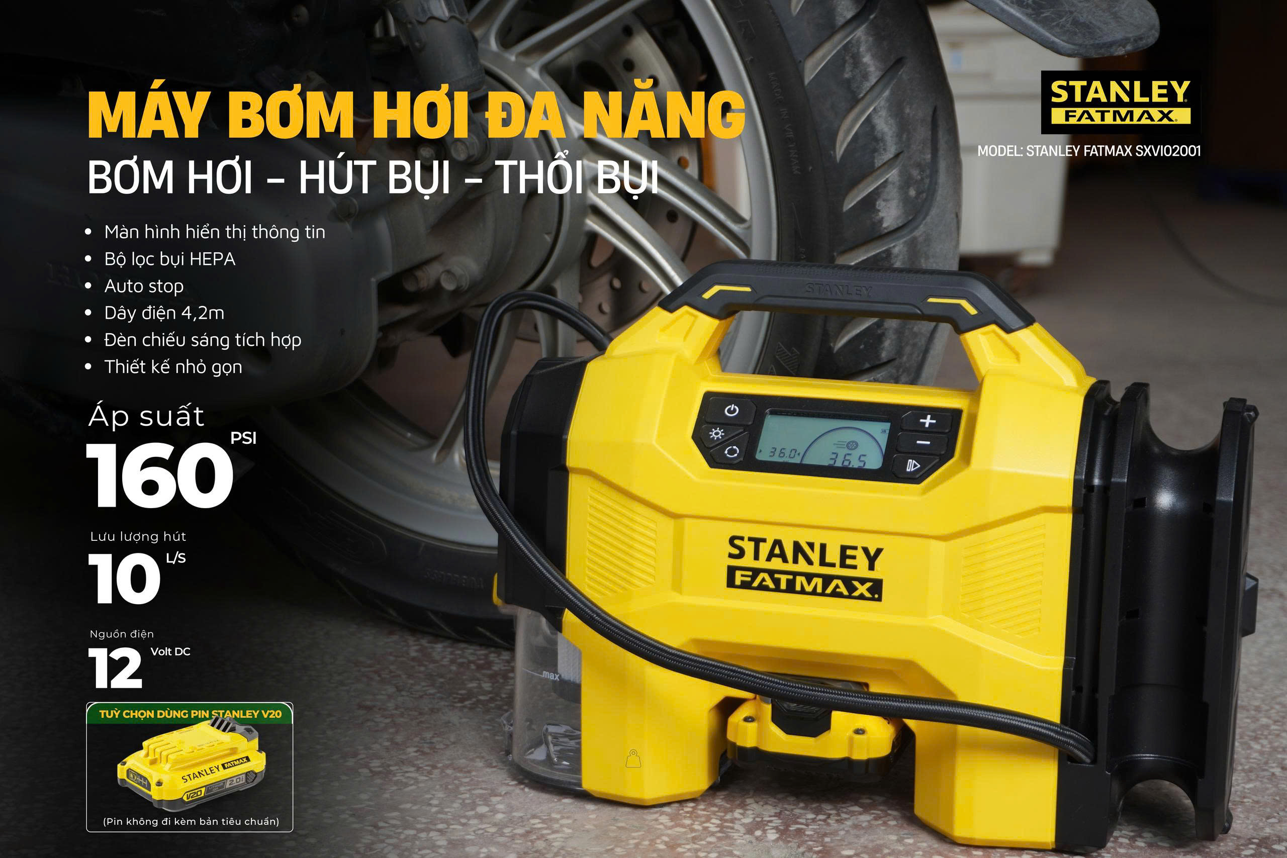 Máy bơm hơi đa năng dùng pin kèm tính năng thổi và hút bụi hiệu STANLEY Model SXVI02001A, 3 trong 1- hàng chính hãng