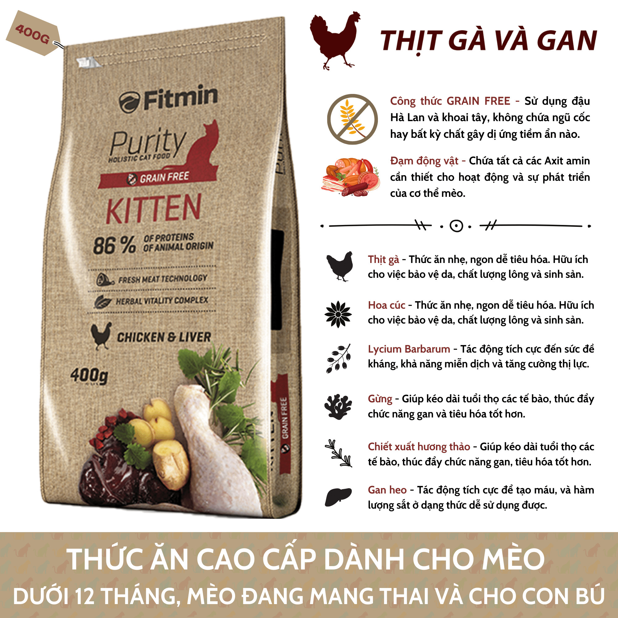 ( Combo 10 Gói ) Thức Ăn Đặc Biệt Giàu Đạm Động Vật Dành Cho Mèo Dưới 12 Tháng Tuổi, Đang Mang Thai Và Cho Con Bú - Fitmin Cat Purity Kitten 400G