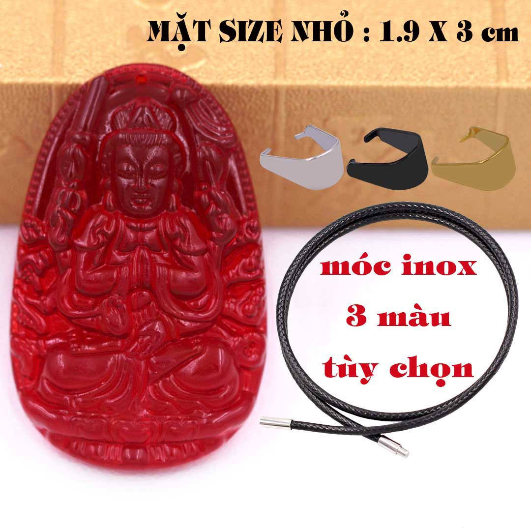 Mặt Phật Thiên thủ thiên nhãn pha lê đỏ 1.9cm x 3cm  kèm vòng cổ dây cao su đen + móc inox vàng, Phật bản mệnh, mặt dây chuyền