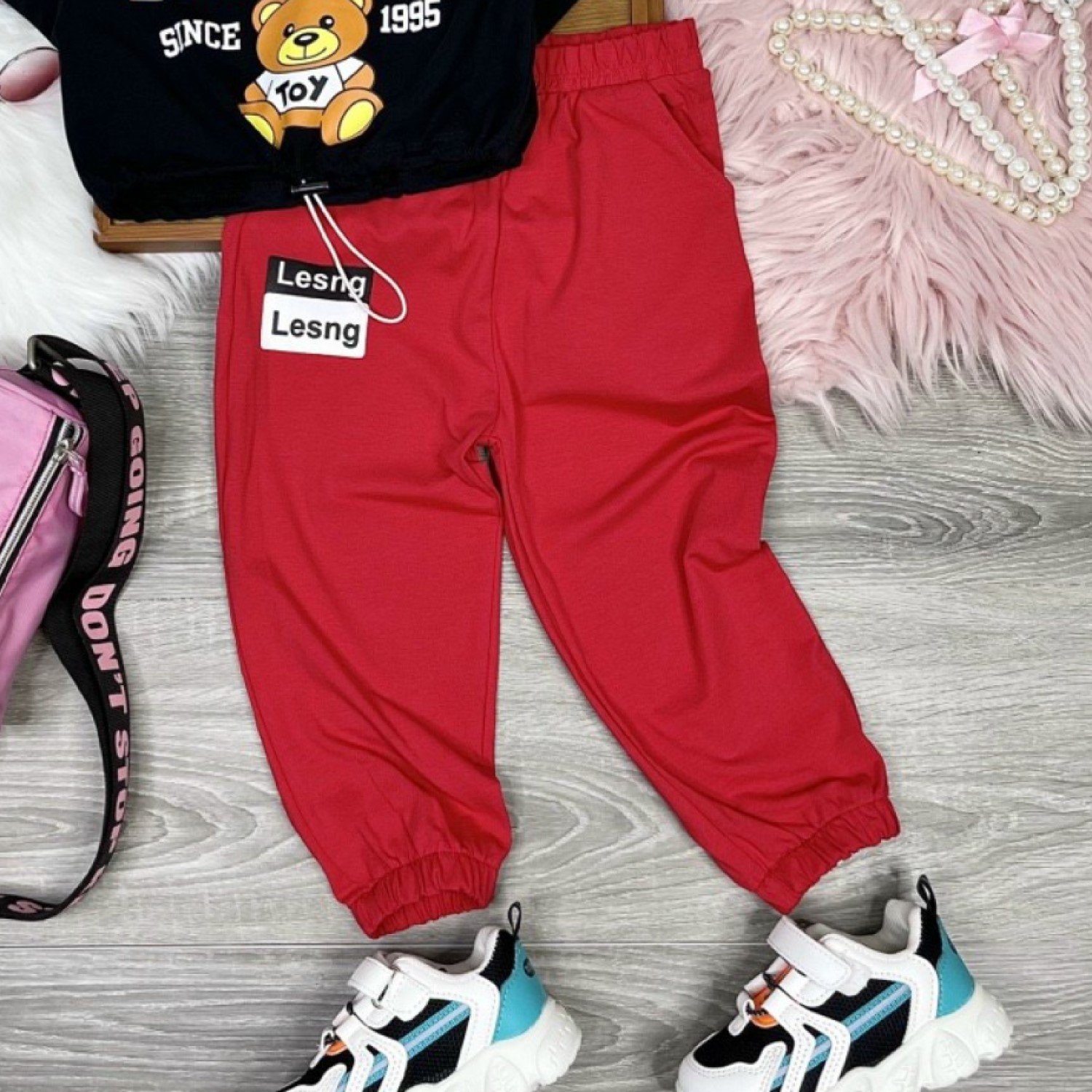 G00000815 Set áo croptop đỏ dây rút cá tính quần jogger thể thao cho bé gái