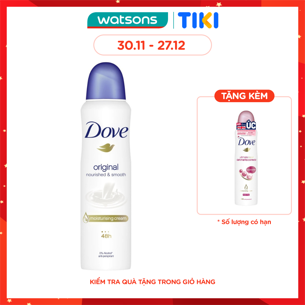 Xịt Khử Mùi Dove Original Hương Dịu Nhẹ Dưỡng Da Sáng Mịn 150ml