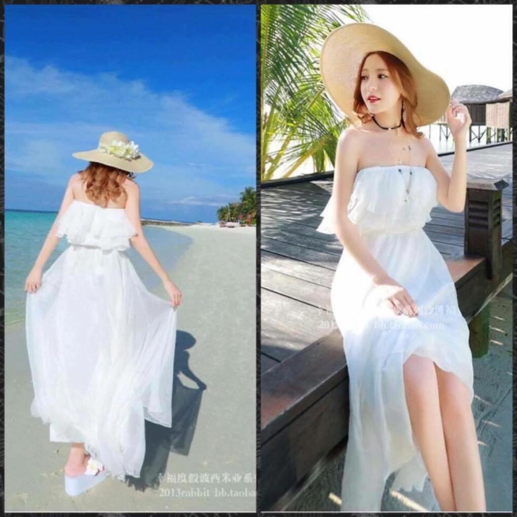 Đầm maxi bẹt vai nhúng