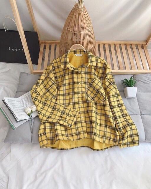 Áo sơ mi oversize caro nhung vàng