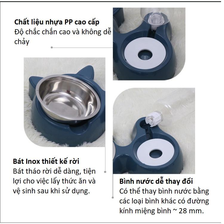 Bát ăn đôi hình tai mèo lõi inox kèm bình nước tự động cho chó mèo, cho thú cưng siêu dễ thương