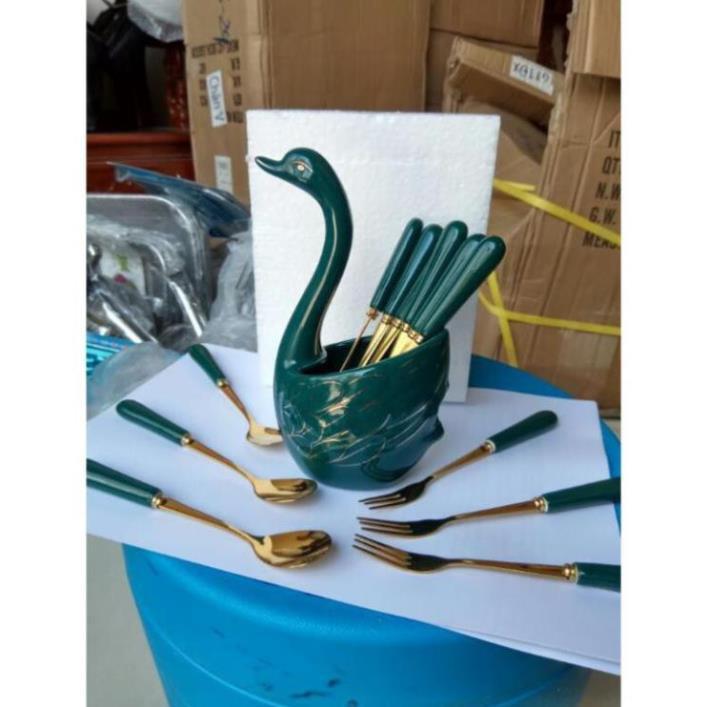 Bộ giỏ sứ thiên nga lục ngọc bảo kèm thìa hoặc dĩa