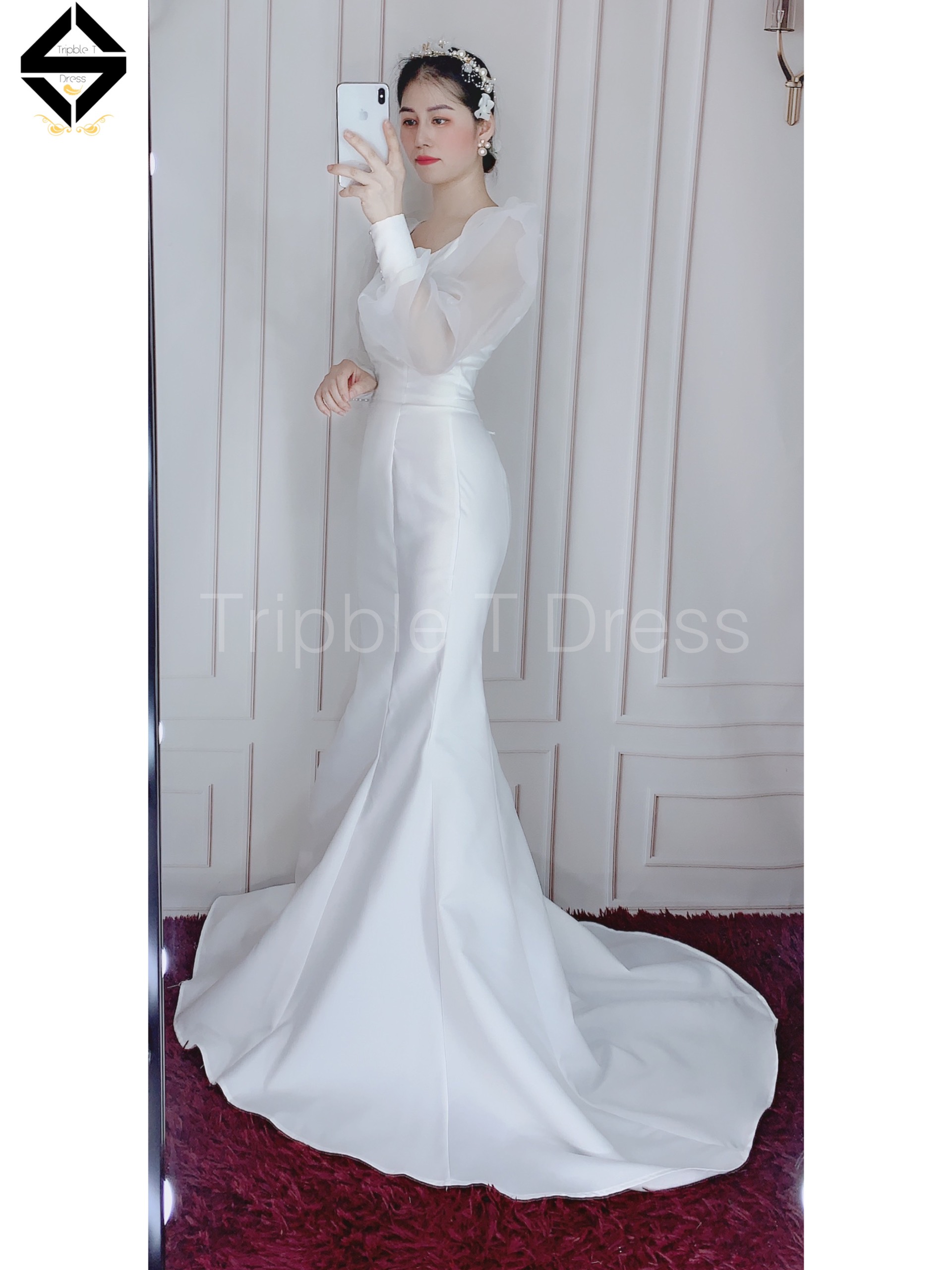 Đầm maxi body đuôi cá mặc cưới tay dài phồng TRIPBLE T DRESS - size S/M/L -MS166Y