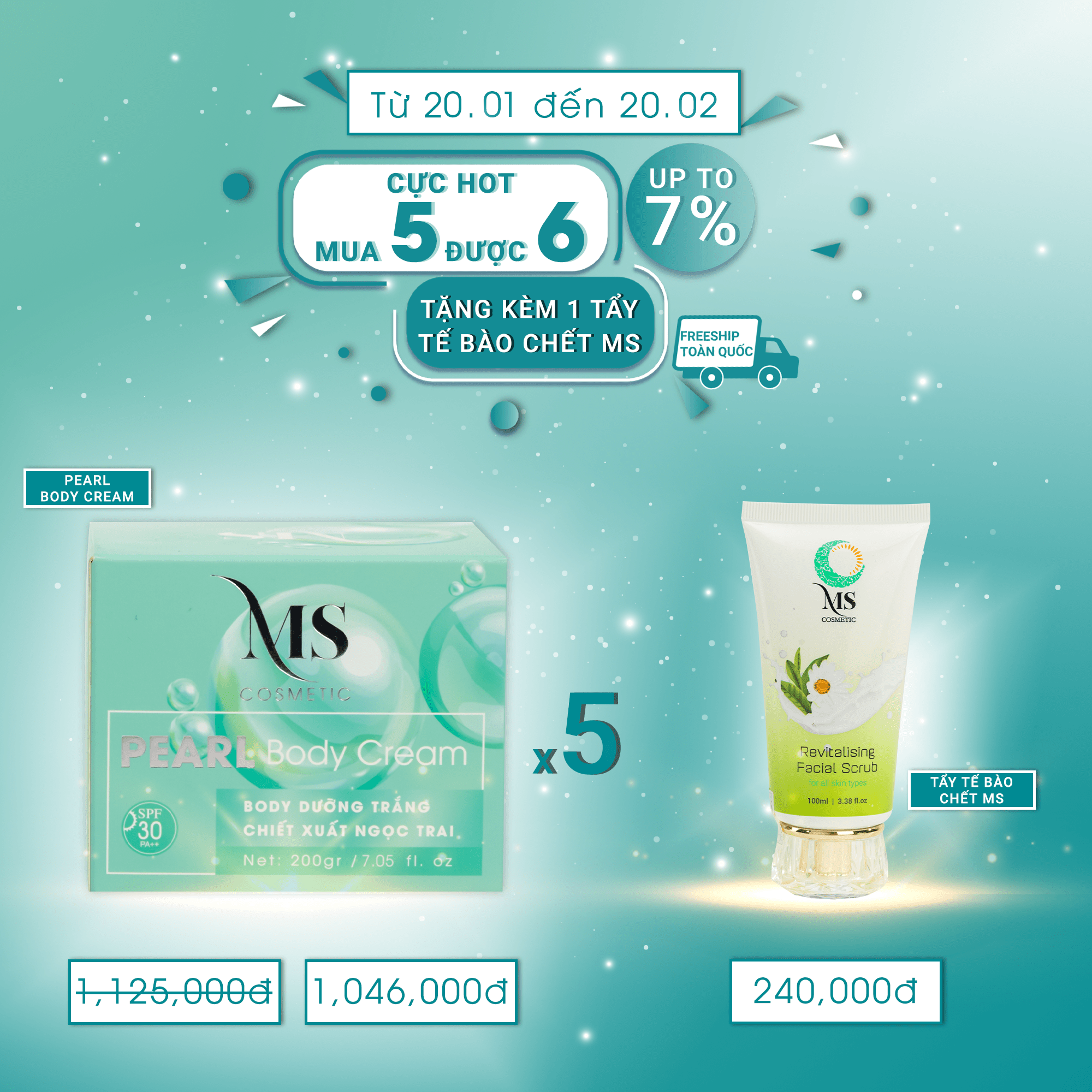 [MUA 5 ĐƯỢC 6] Mua 5 Hộp Kem Dưỡng Body MS Pearl Body Cream 200g Dưỡng Body Trắng Da Ngăn Ngừa Lão Hoá (Tặng 1 Tẩy Tế Bào Chết MS 100ml) - MỸ PHẨM MS COSMETIC