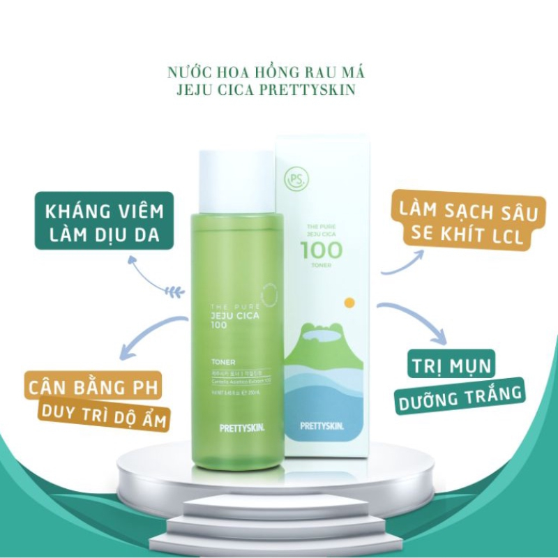 Nước hoa hồng chiết xuất Rau Má PrettySkin Jeju Cica 100 Toner 250ml - Cân bằng độ PH, cấp ẩm, se khít lỗ chân lông