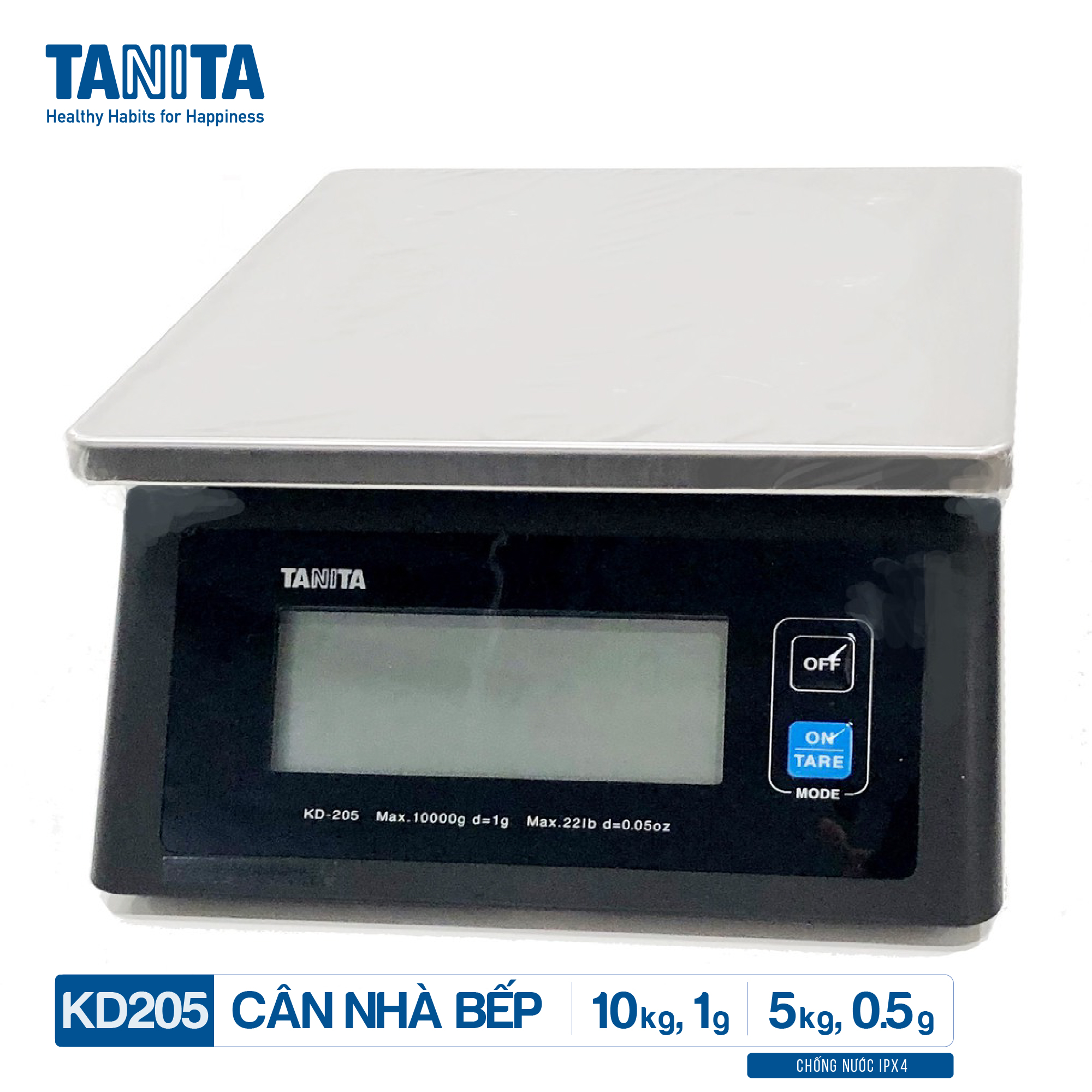 Cân tiểu ly điện tử nhà bếp chống nước IPX4 TANITA KD205,Chính hãng nhật bản (10kg-0.5g)có trừ bì,bền đẹp,chính xác,sử dụng làm bánh,cân tổ yến,cân hải sản và y học,tặng kèm pin