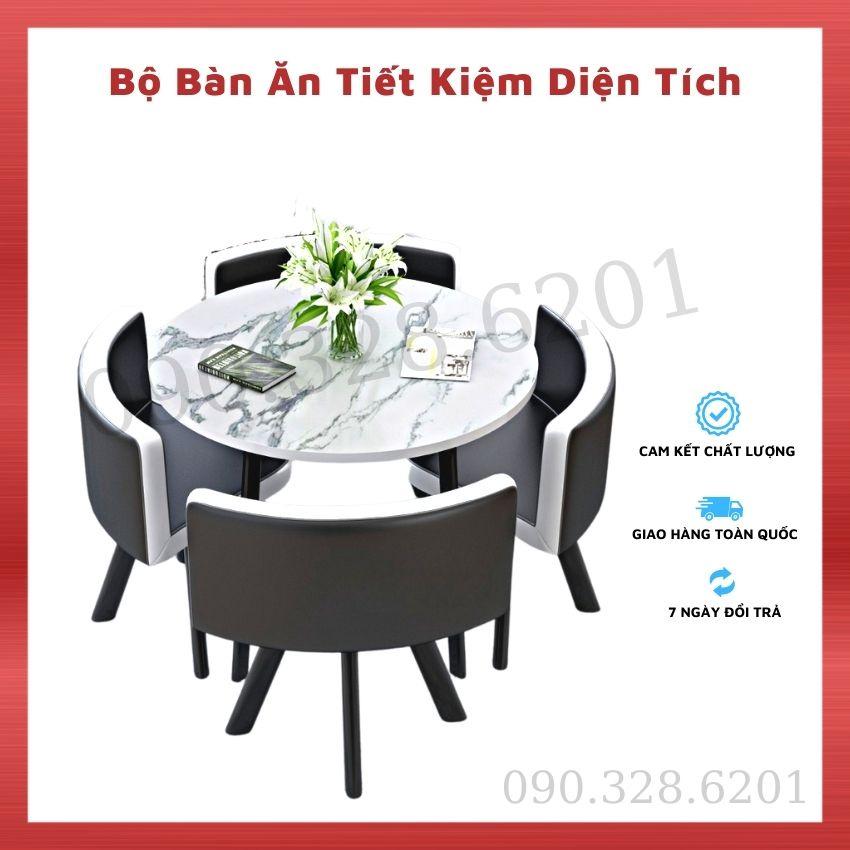 Bộ Bàn Ăn Tròn 4 Ghế Da Cao Cấp, Bàn Ăn Gỗ Giả Vân Đá Sang Trọng