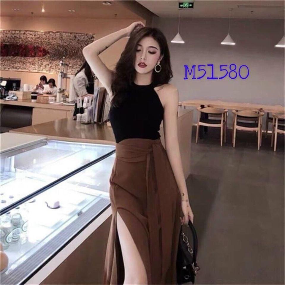 Set Bộ Áo Cổ Yếm Kèm Chân Váy Thắt Nơ Eo