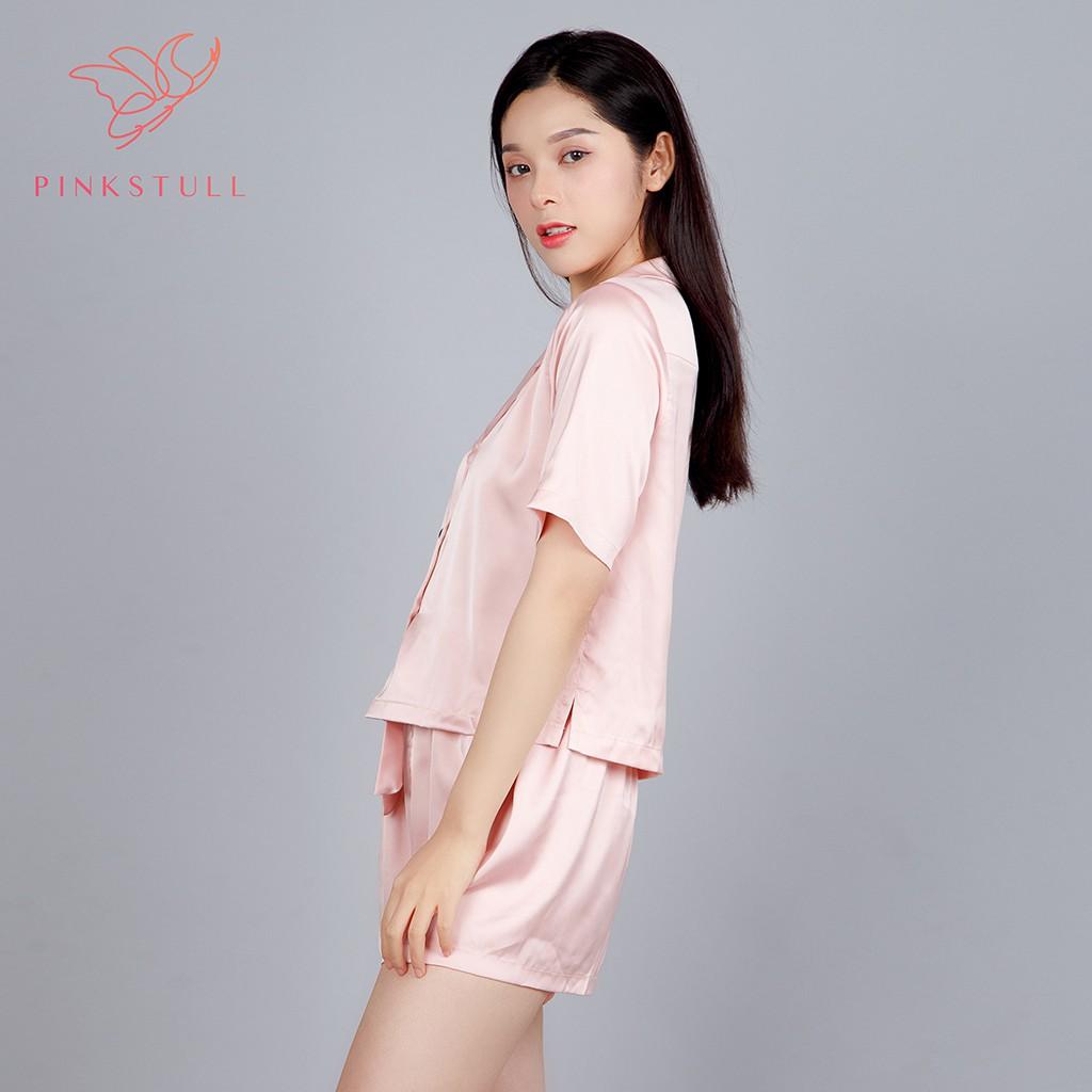 Bộ đồ ngủ lụa pijamas Pink Stull tay ngắn quần ngắn hồng pastel