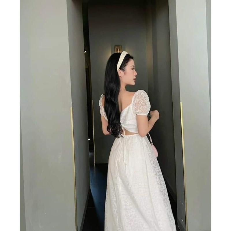 ĐẦM REN HOA TRẮNG DÁNG DÀI XÒE