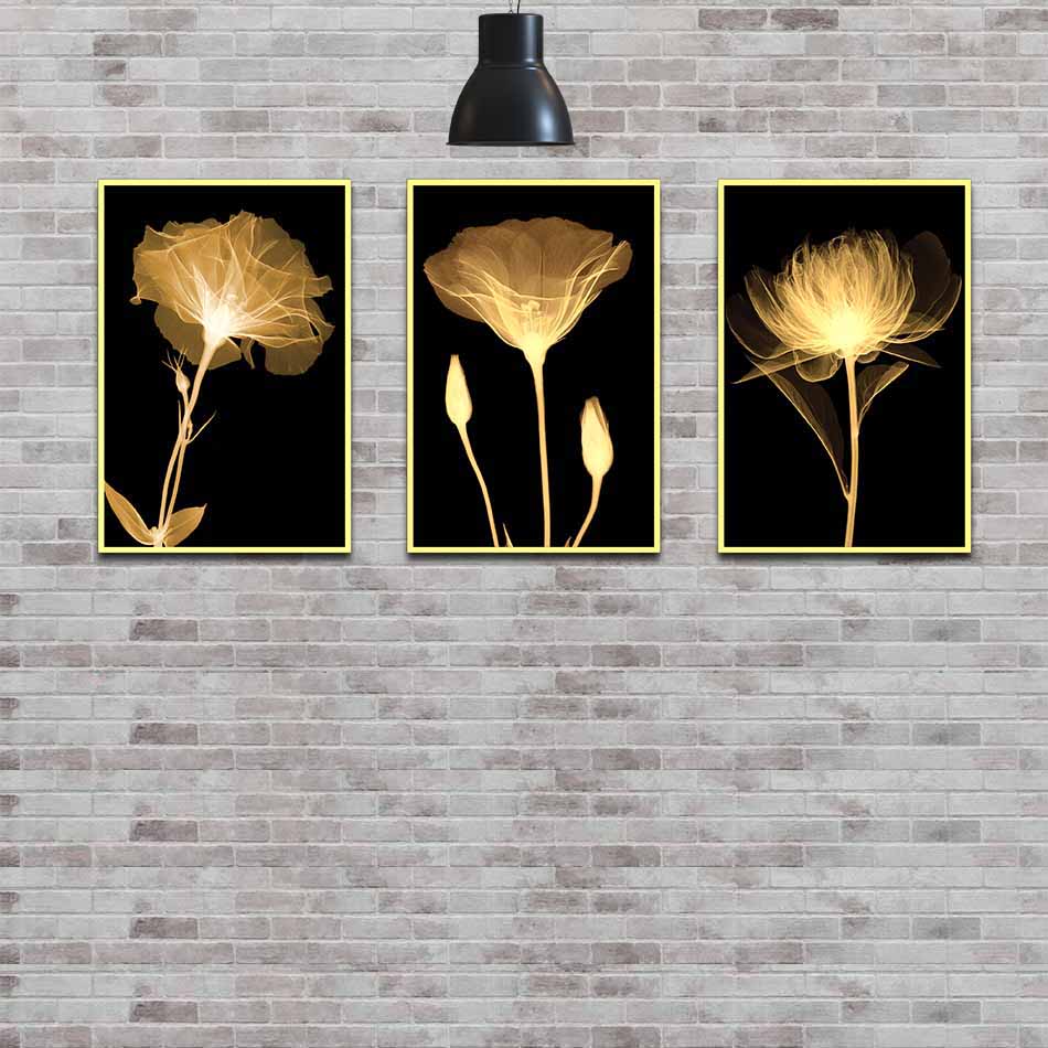 Bộ 3 tranh decor hoa vàng kim-DC016