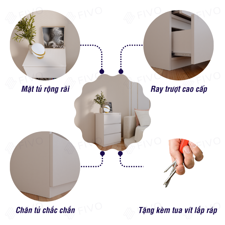 Tủ Đầu Giường Gỗ Mini FIVO FT19 Có Ray Kéo Cao Cấp, Thiết Kế Hiện Đại, Chân Tủ Chắc Chắn - 3 Hộc Tủ