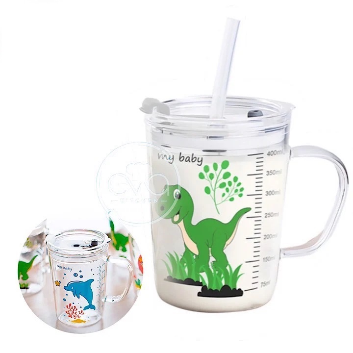 COMBO 2 Cốc thủy tinh chịu lực,có chia vạch có nắp đậy kín bảo quản tốt và ống hút tiện lợi 400ml