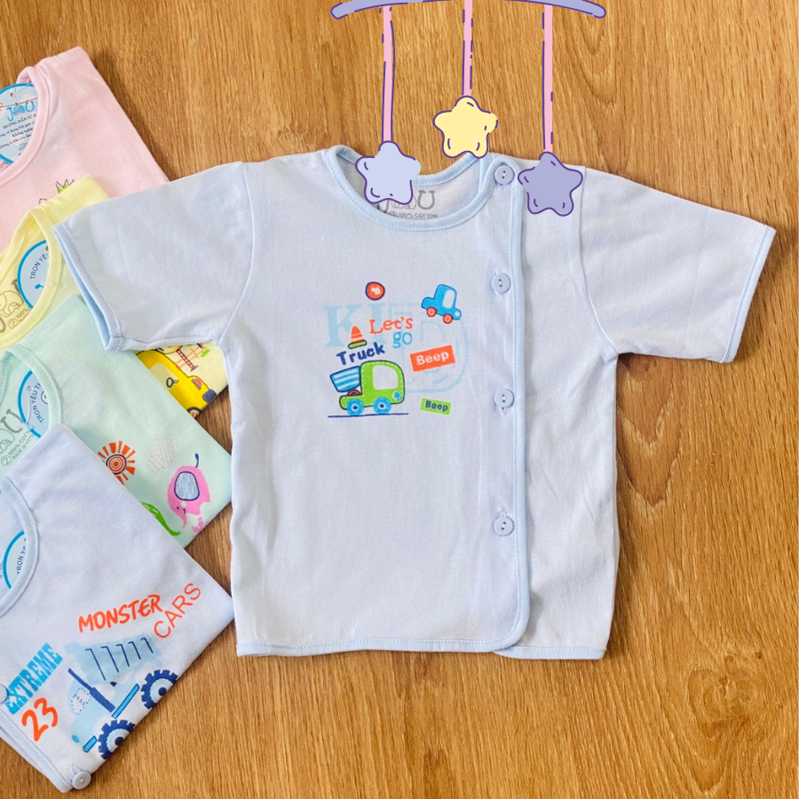 COMBO 5 Áo sơ sinh cotton J-FR GGY | Mẫu Tay NGẮN Cài Lệch Màu | Size 1 -3 cho bé sơ sinh -9 kg