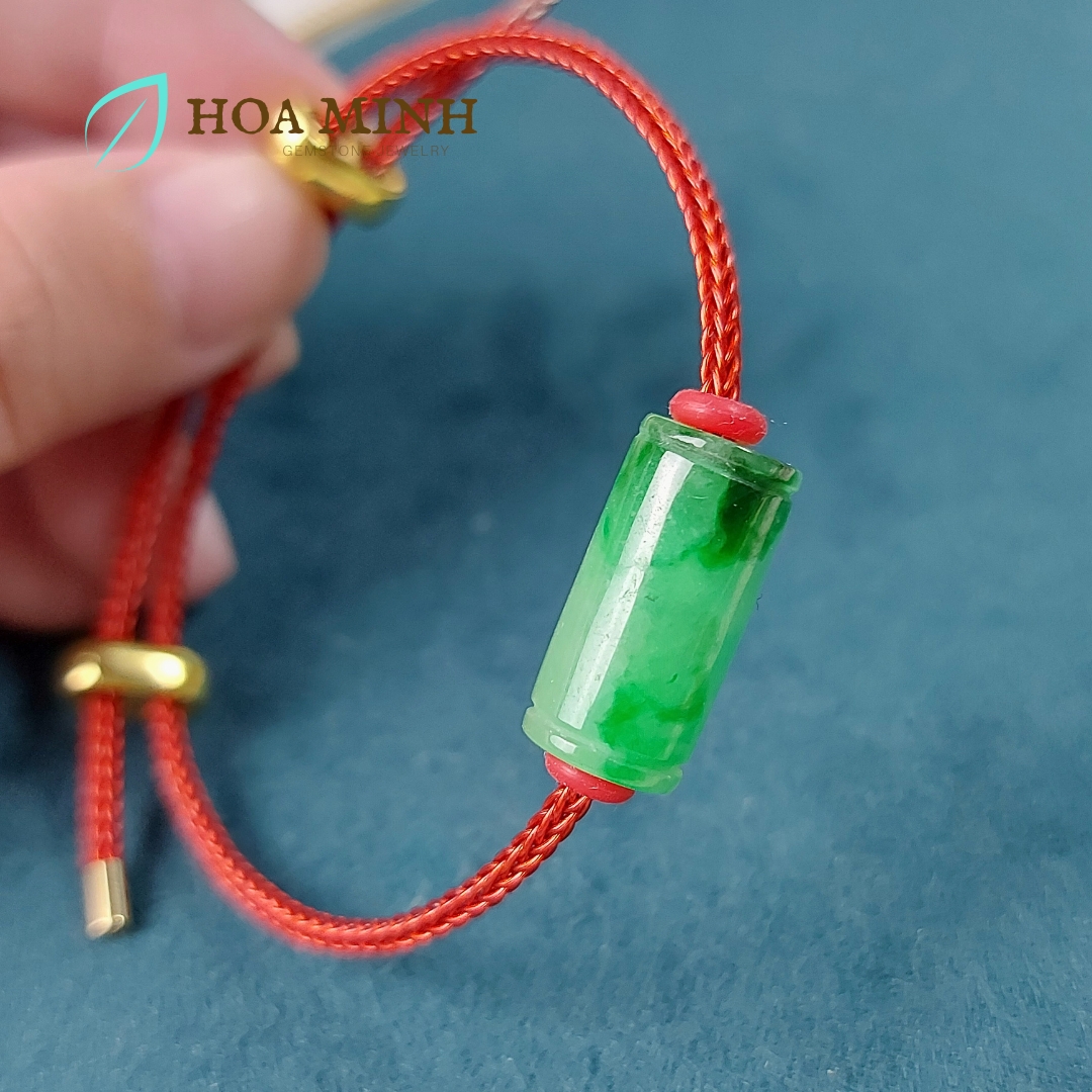 Vòng tay dây cáp đỏ phối lu thống Cẩm Thạch xanh lý táo size 9x18 li phong thủy may mắn