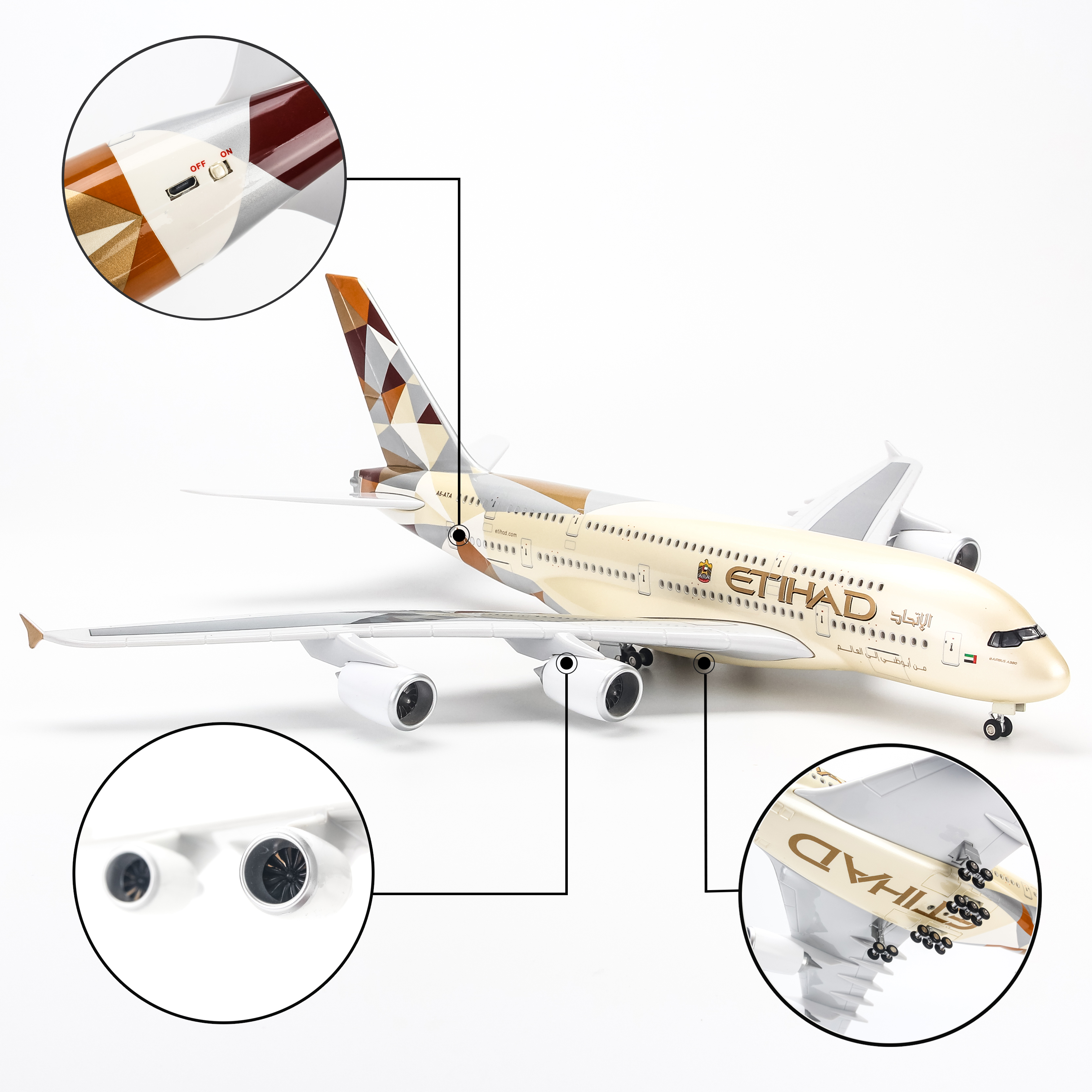 Mô hình máy bay Etihad Airways Airbus A380 lắp ráp có đèn 47cm MBMH46