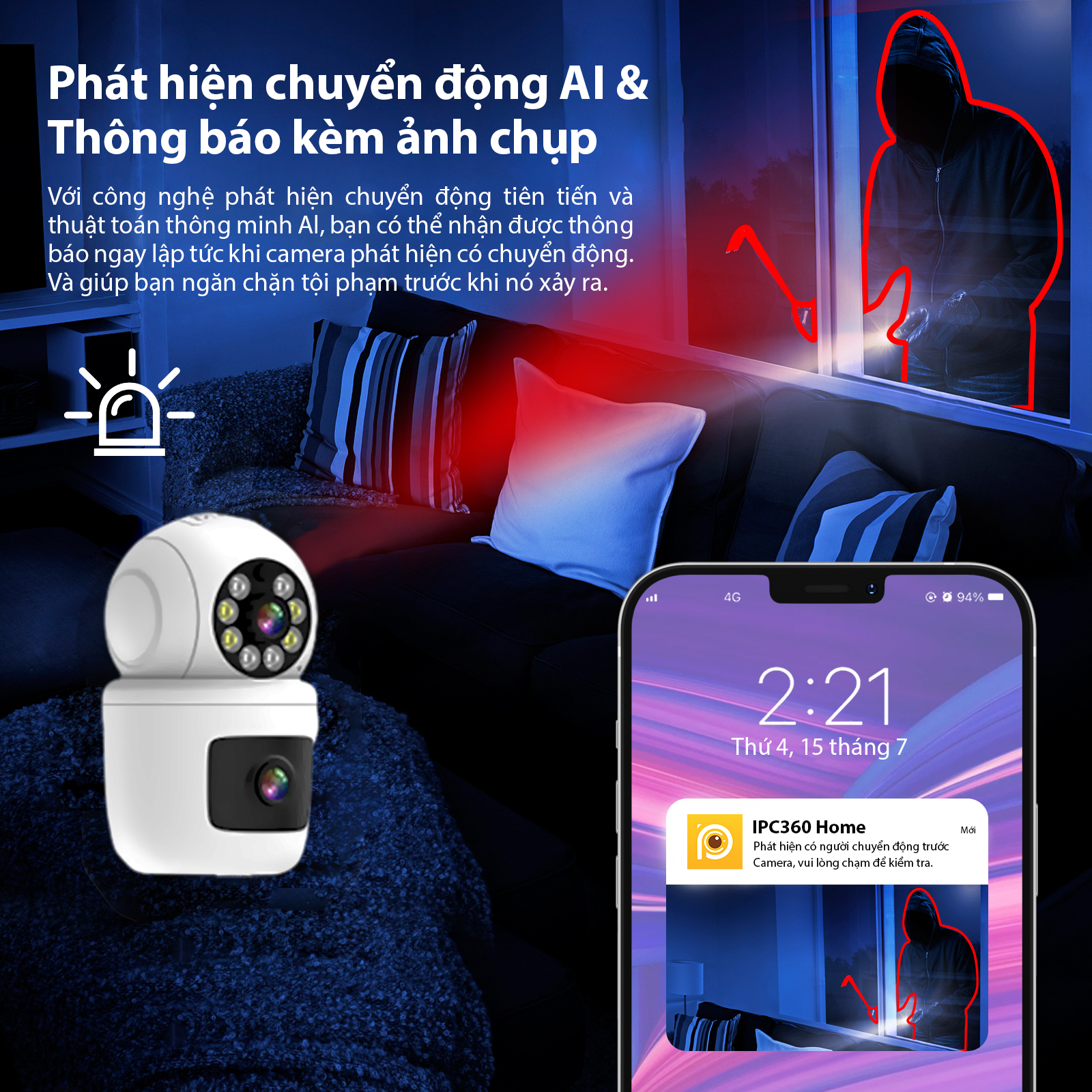 Camera Wifi IPC360 Bullet 2 ống kính, ống kính trên xoay ngang 360 độ, thu phóng 10 lần