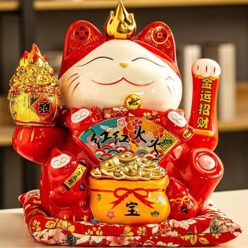 Mèo thần tài đỏ vàng phong thủy RỒNG VIỆT, chất liệu gốm sứ trang trí ban thần tài, phòng khách