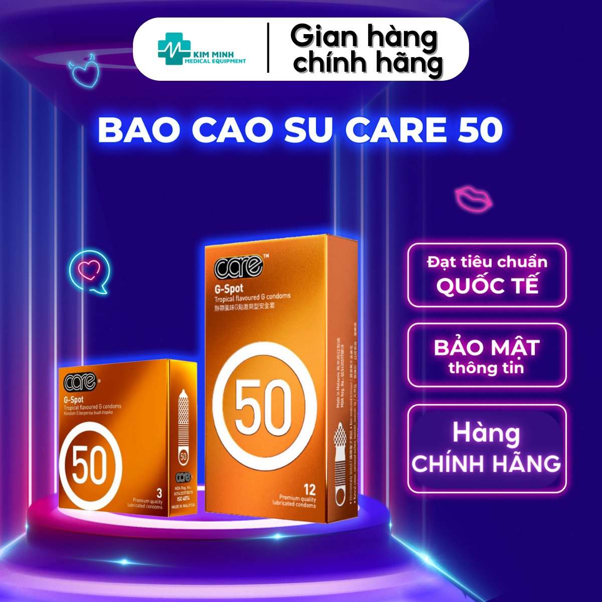 Bao Cao Su CARE 50 Có Gai hương rừng nhiệt đới nhiều gel bôi trơn hộp 3 chiếc, 12 chiếc nhập khẩu Malaysia