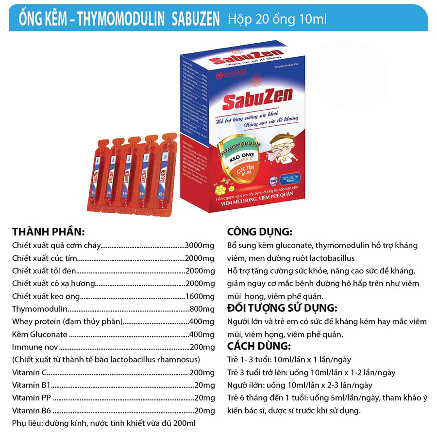 Thực Phẩm Bảo Vệ Sức Khỏe SABUZEN (Hộp 4 vỉ x 5 ống x 10ml)_Hỗ trợ tăng cường sức khỏe, nâng cao sức đề kháng, giảm nguy cơ mắc bệnh đường hô hấp trên như viêm mũi họng, viêm phế quản