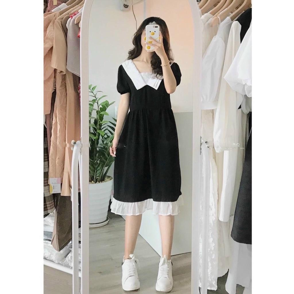 Đầm đen cổ trắng 3 lớp đuôi cá trắng tay bo ngắn chân bèo voan trắng