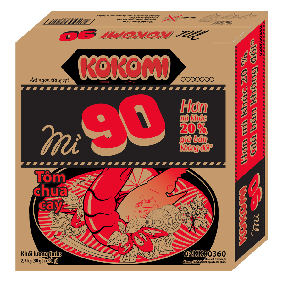 Thùng 30 Gói Mì Kokomi Đại 90 Tôm Chua Cay (30 Gói X 90g)