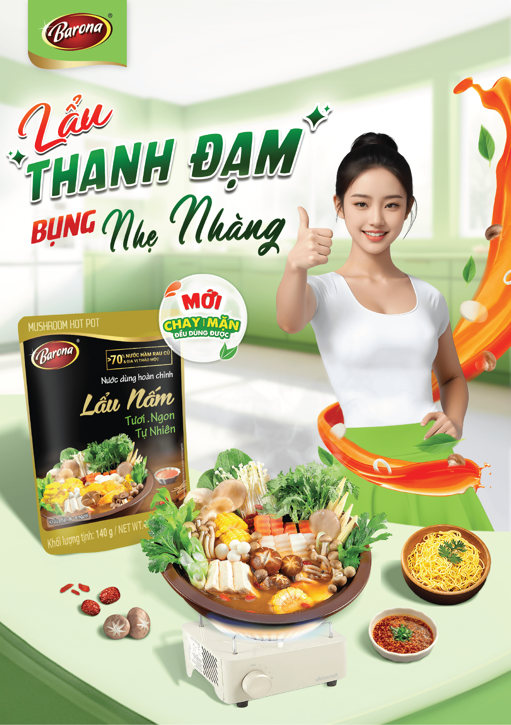 Combo 1 hộp (10 gói) Nước dùng Lẩu Nấm Barona 140g, Chay mặn đều dùng được, tươi ngon chuẩn vị không cần nêm nếm
