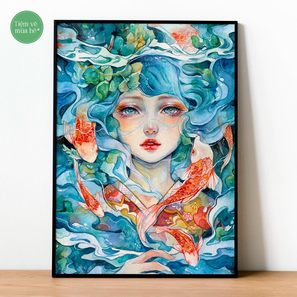 Tranh số hóa - Cô gái cá chép đã căng khung 40x50cm 28 màu