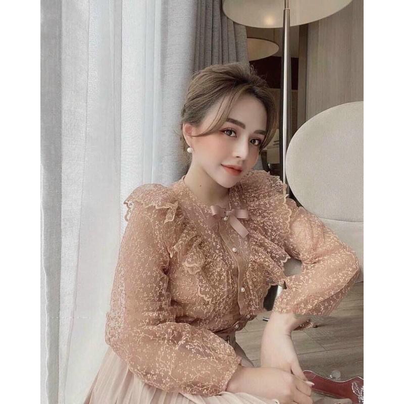 Áo sơ mi bèo ren hoa nổi kèm nơ