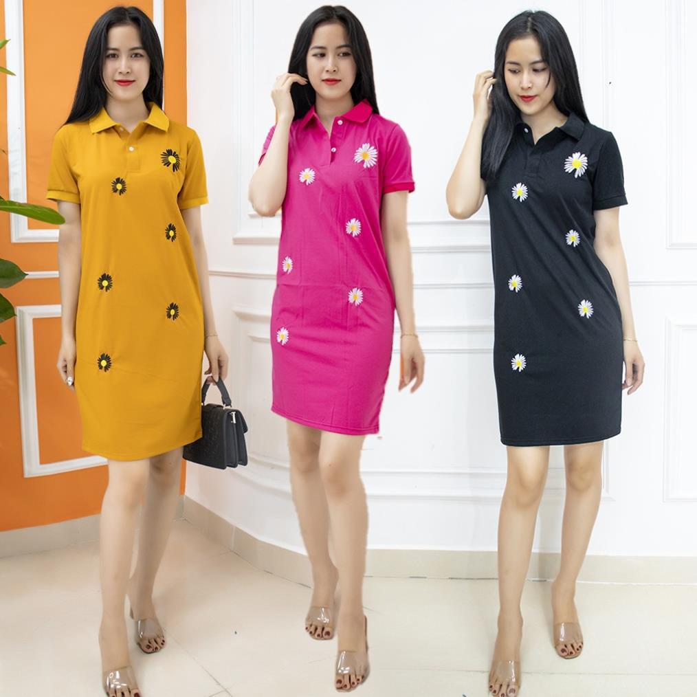 Đầm thun suông cotton co giãn cổ sơ mi Polo thêu hoa,váy ngủ mùa hè mát mẻ - AMYRA