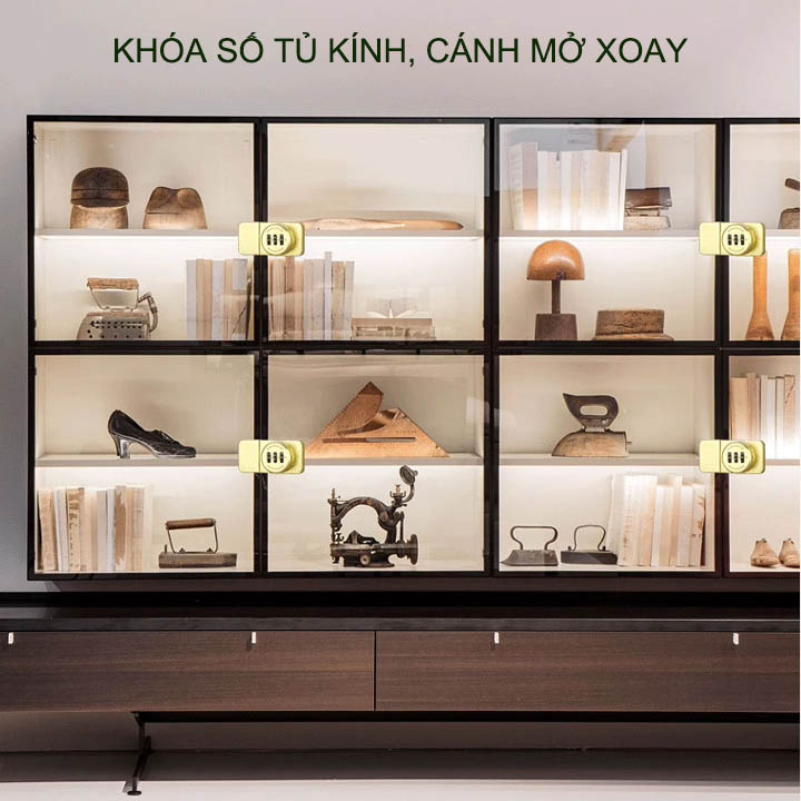 Khóa tủ kính mở bằng 3 mã số có thể thay đổi được, loại 1 hoặc 2 cánh không khung mở xoay